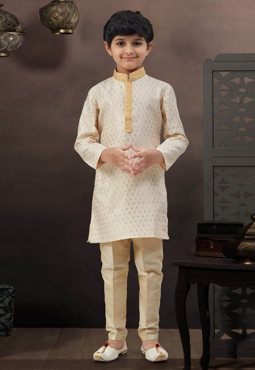 Cream Banarasi Jacquard Kids Kurta Pajama 328724