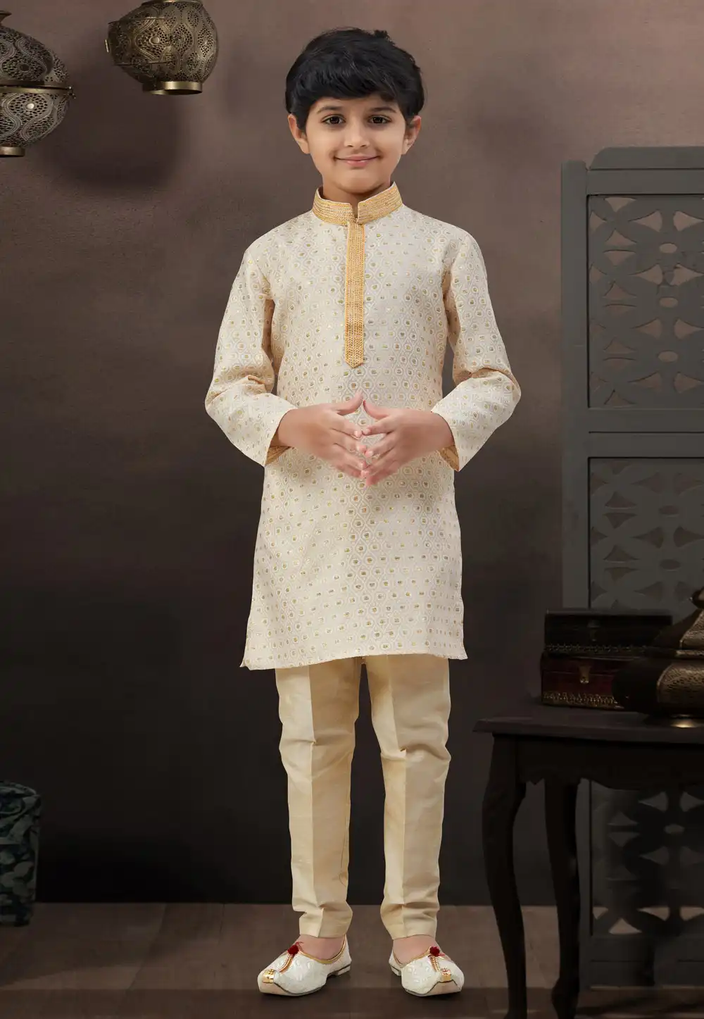 Cream Banarasi Jacquard Kids Kurta Pajama 328724
