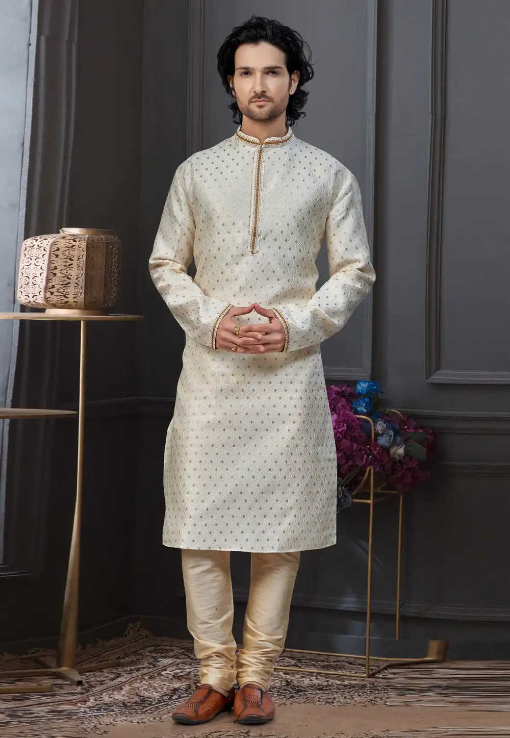 Cream Banarasi Jacquard Kurta Pajama 317865