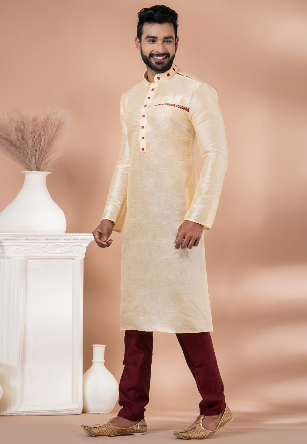 Cream Banarasi Kurta Pajama 282591