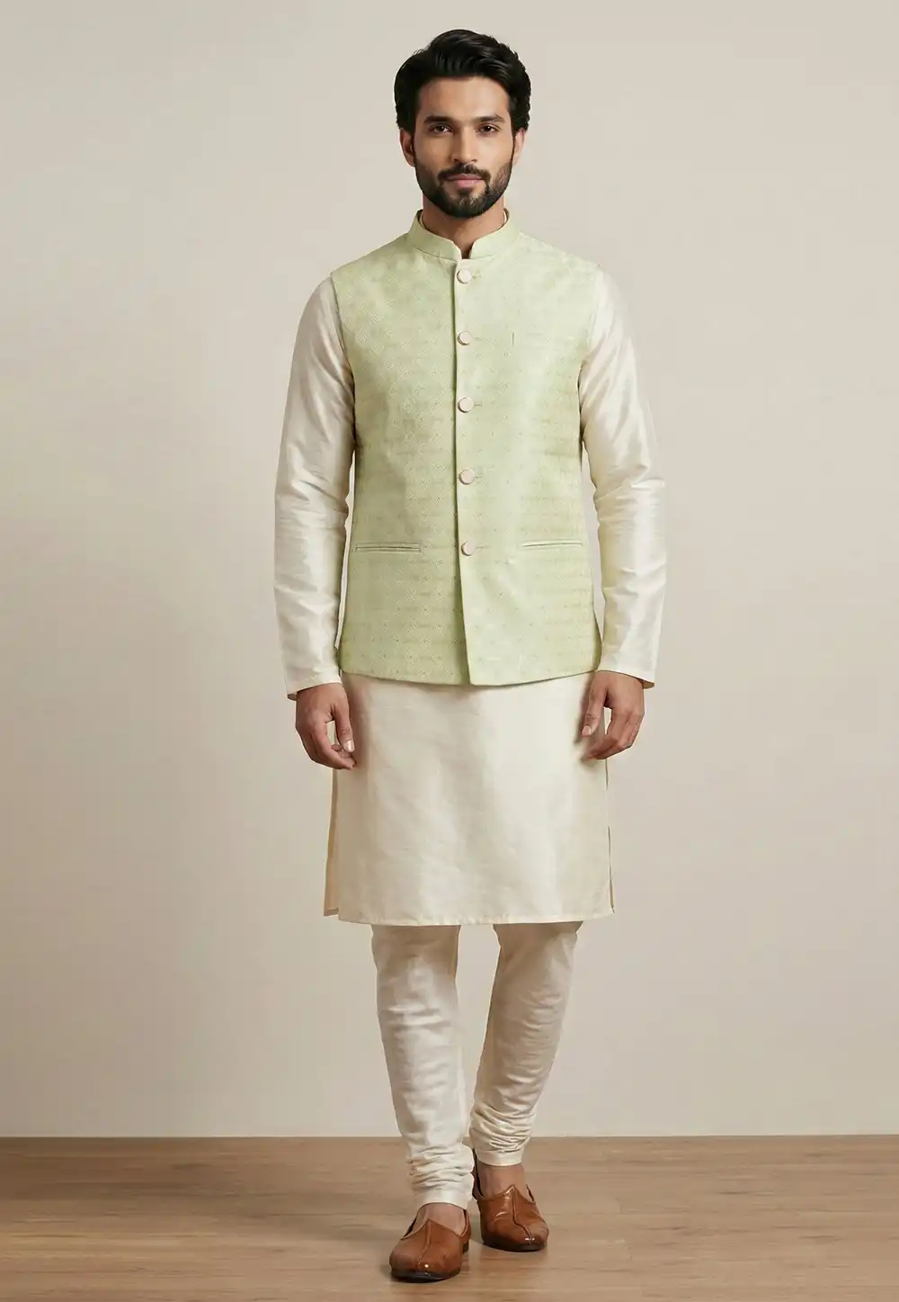 Cream Banarasi Kurta Pajama With Jacket 324302