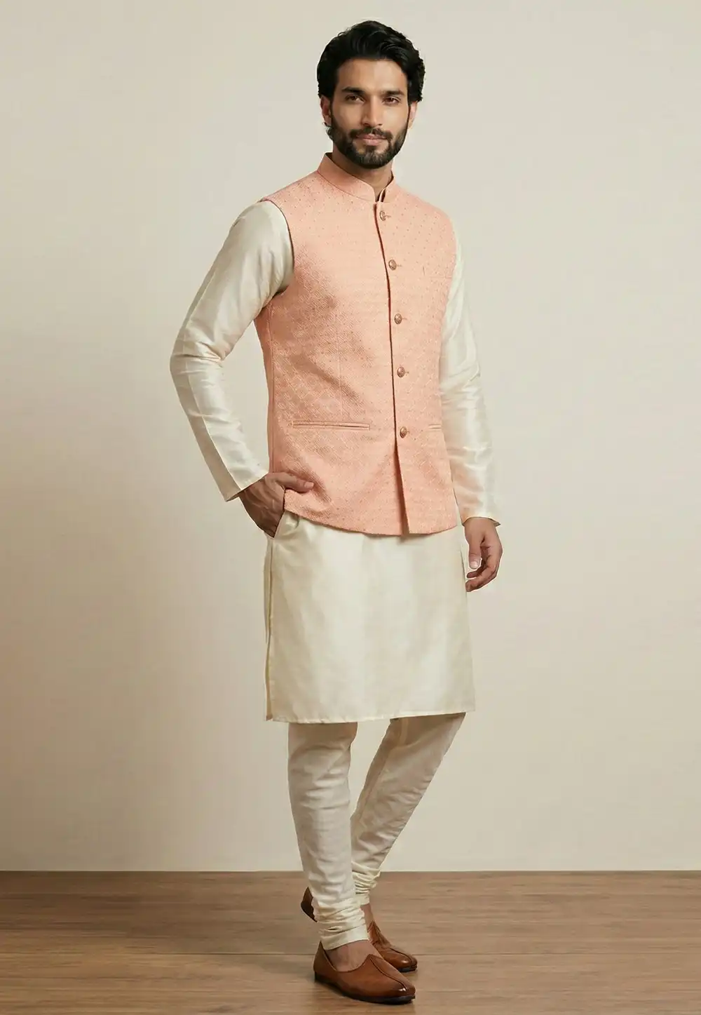Cream Banarasi Kurta Pajama With Jacket 324303