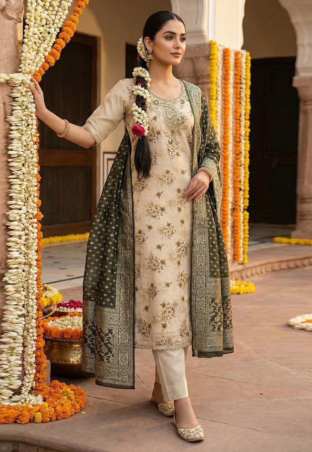 Cream Banarasi Pant Style Suit 326982