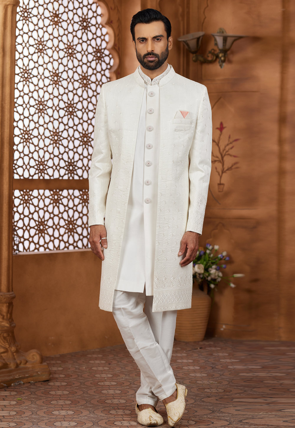 Cream Banarasi Silk Jacket Style Sherwani 306723