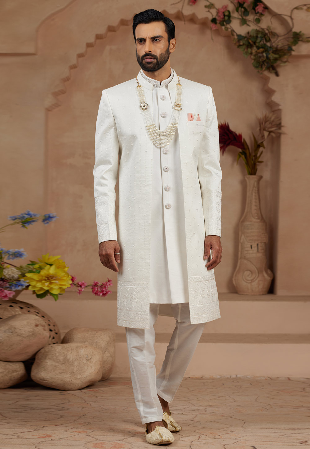 Cream Banarasi Silk Jacket Style Sherwani 306724
