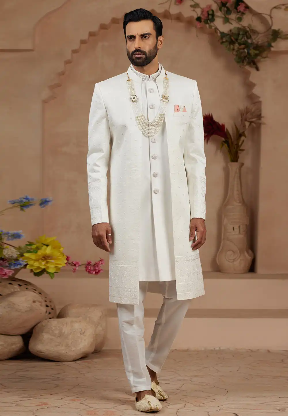Cream Banarasi Silk Jacket Style Sherwani 306724
