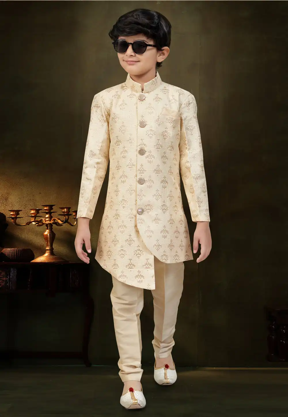 Cream Banarasi Silk Kids Indo Western Suit 324268