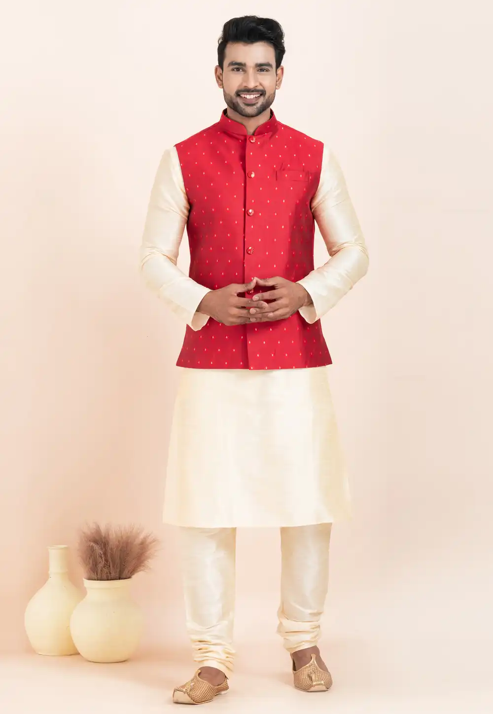 Cream Banarasi Silk Kurta Pajama With Jacket 304850