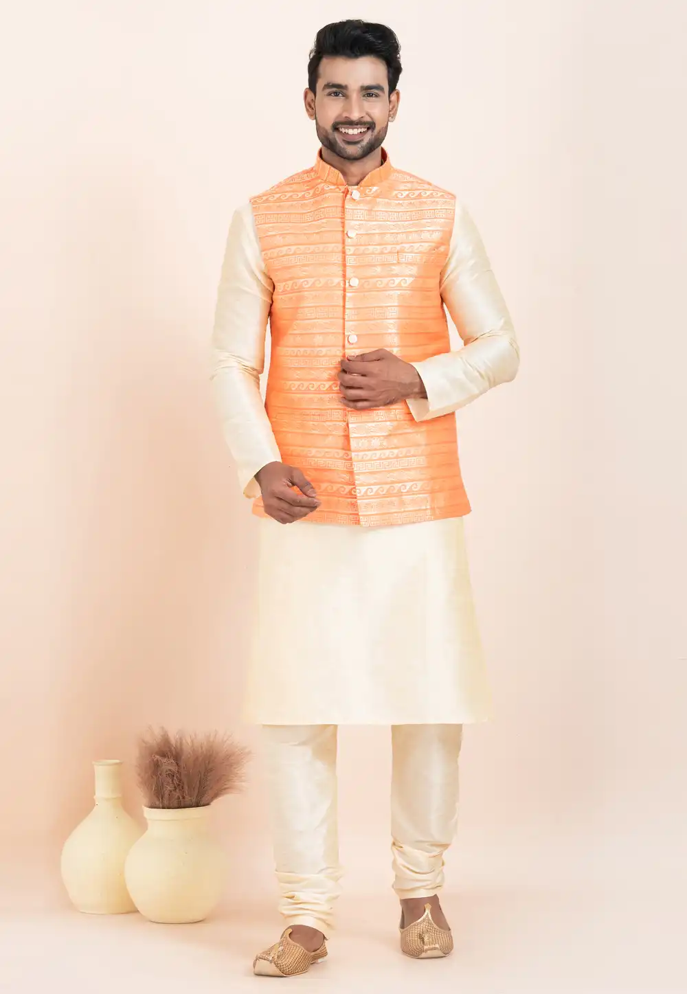 Cream Banarasi Silk Kurta Pajama With Jacket 304855