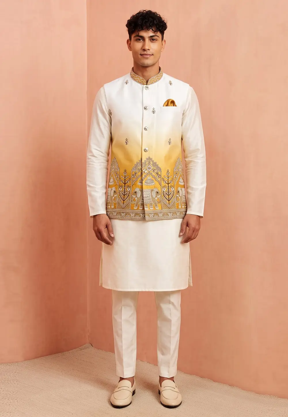 Cream Banarasi Silk Kurta Pajama With Jacket 333497