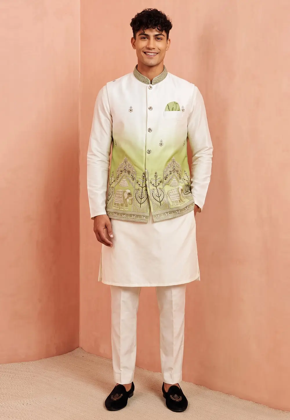 Cream Banarasi Silk Kurta Pajama With Jacket 333498