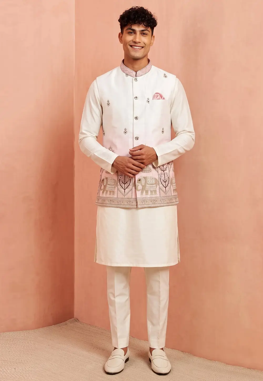 Cream Banarasi Silk Kurta Pajama With Jacket 333499