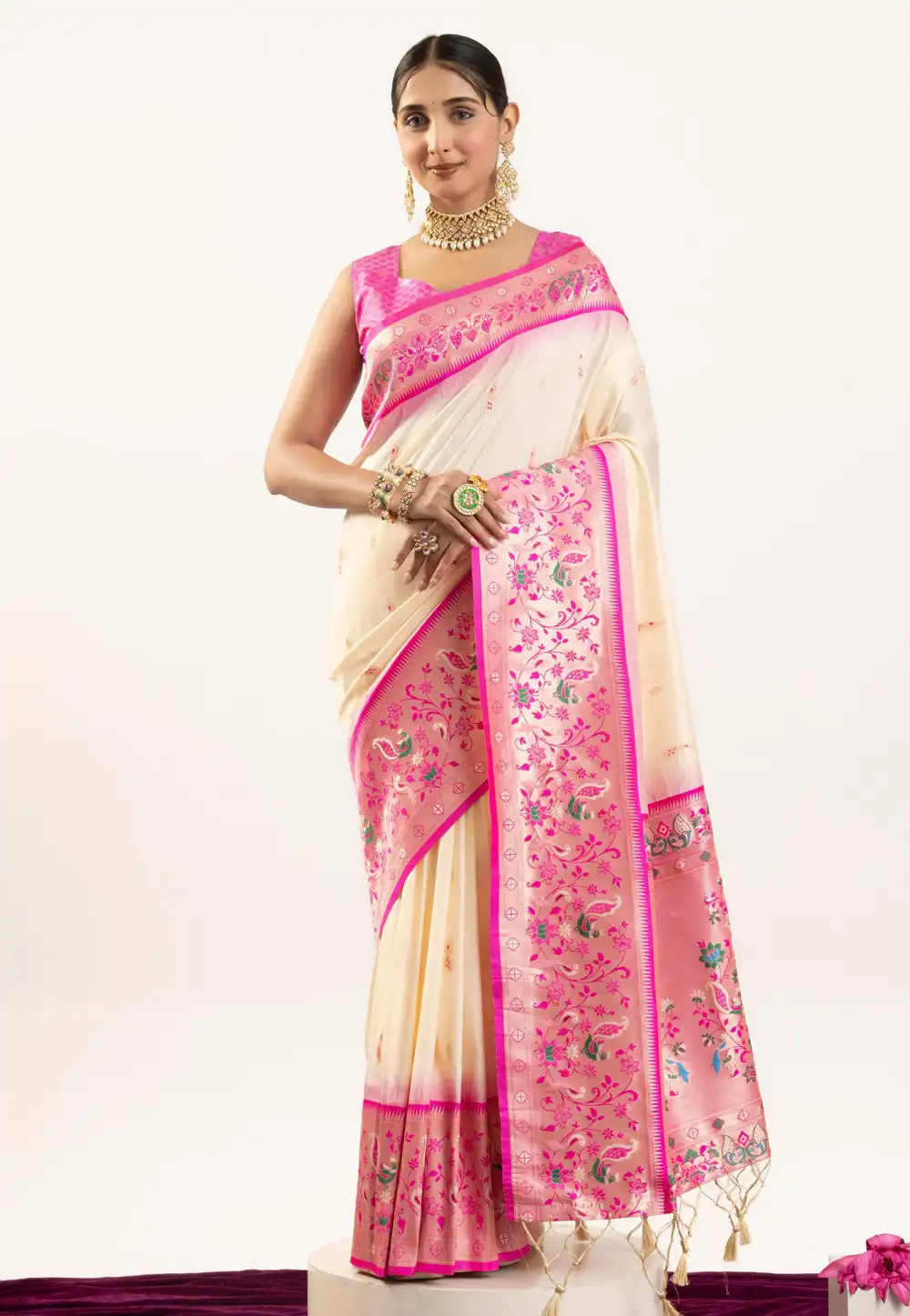 Cream Banarasi Silk Saree 326011