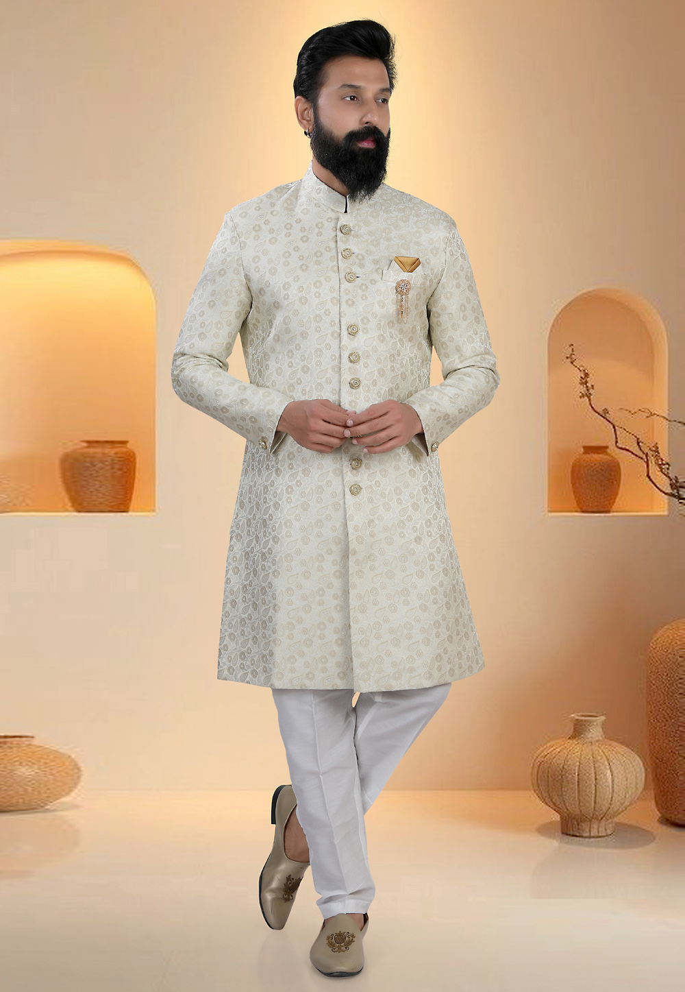 Cream Brocade Indo Western Suit 321293