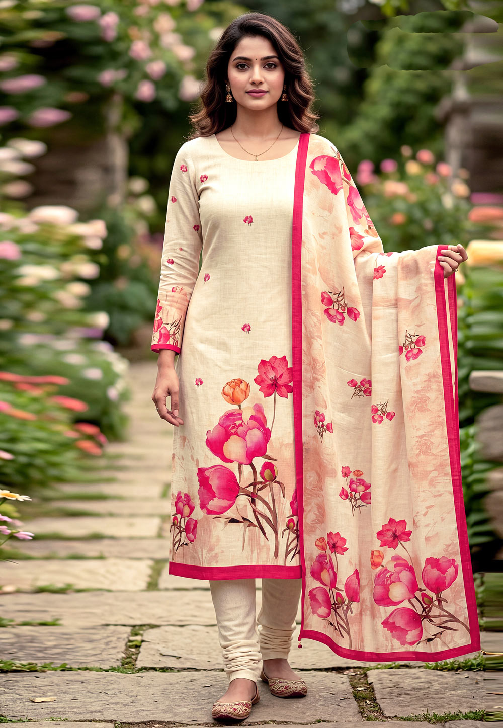 Cream Cambric Cotton Churidar Suit 328327