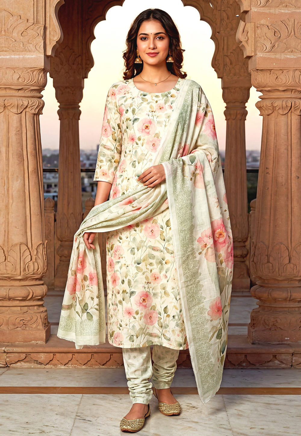 Cream Cambric Cotton Churidar Suit 328332