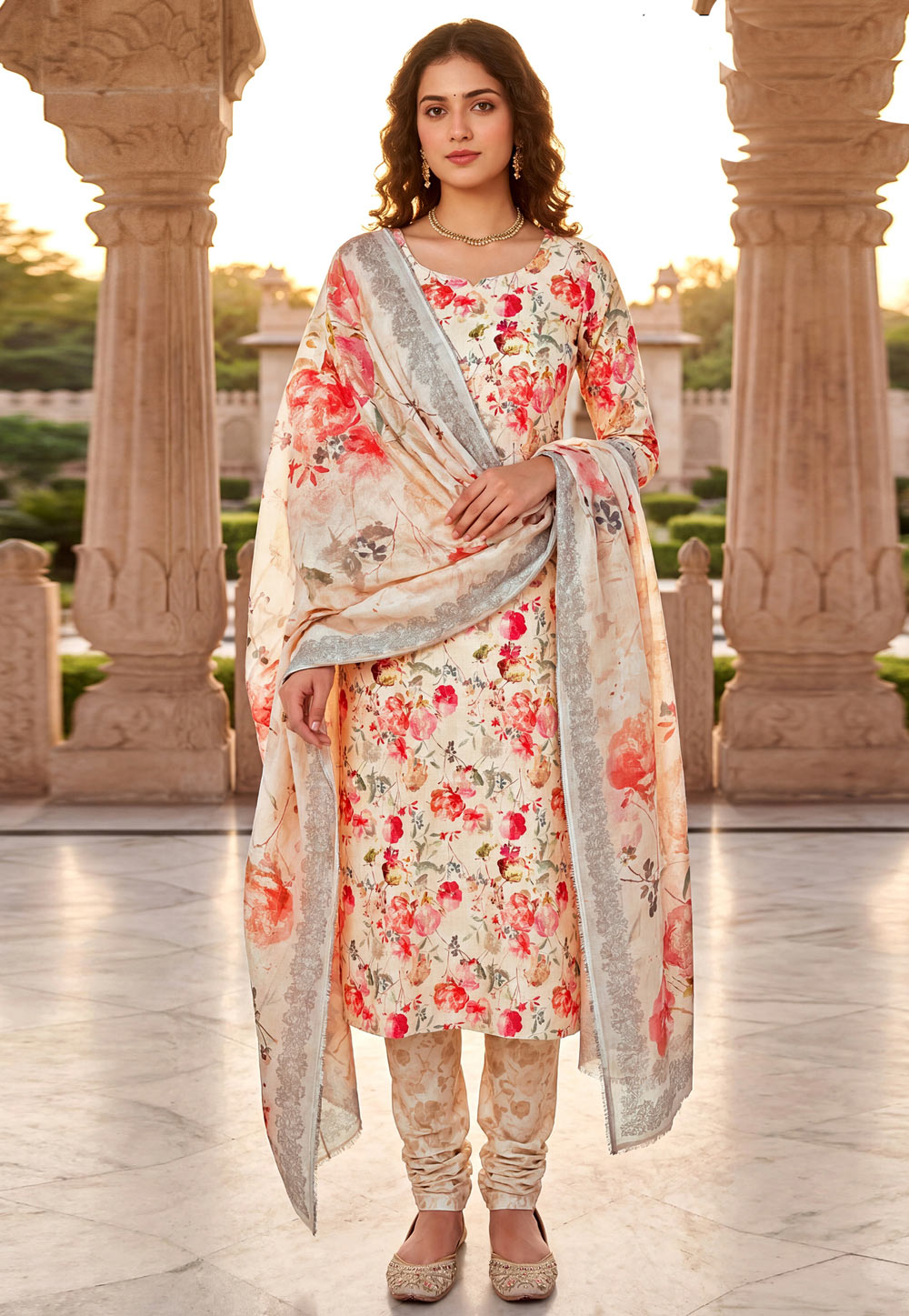 Cream Cambric Cotton Churidar Suit 328334