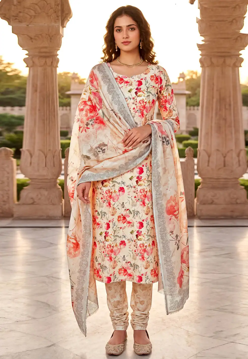 Cream Cambric Cotton Churidar Suit 328334