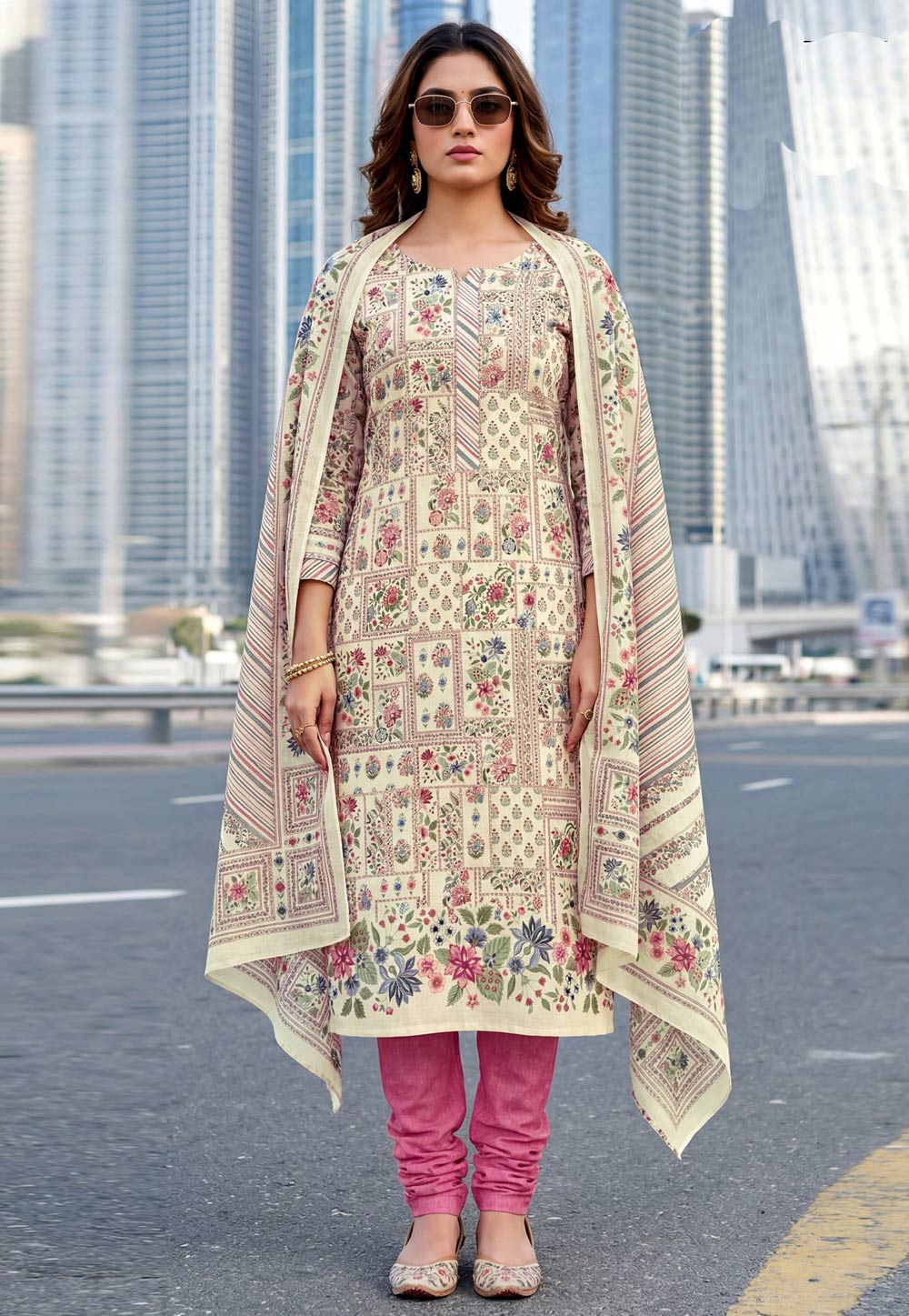 Cream Cambric Cotton Churidar Suit 328345