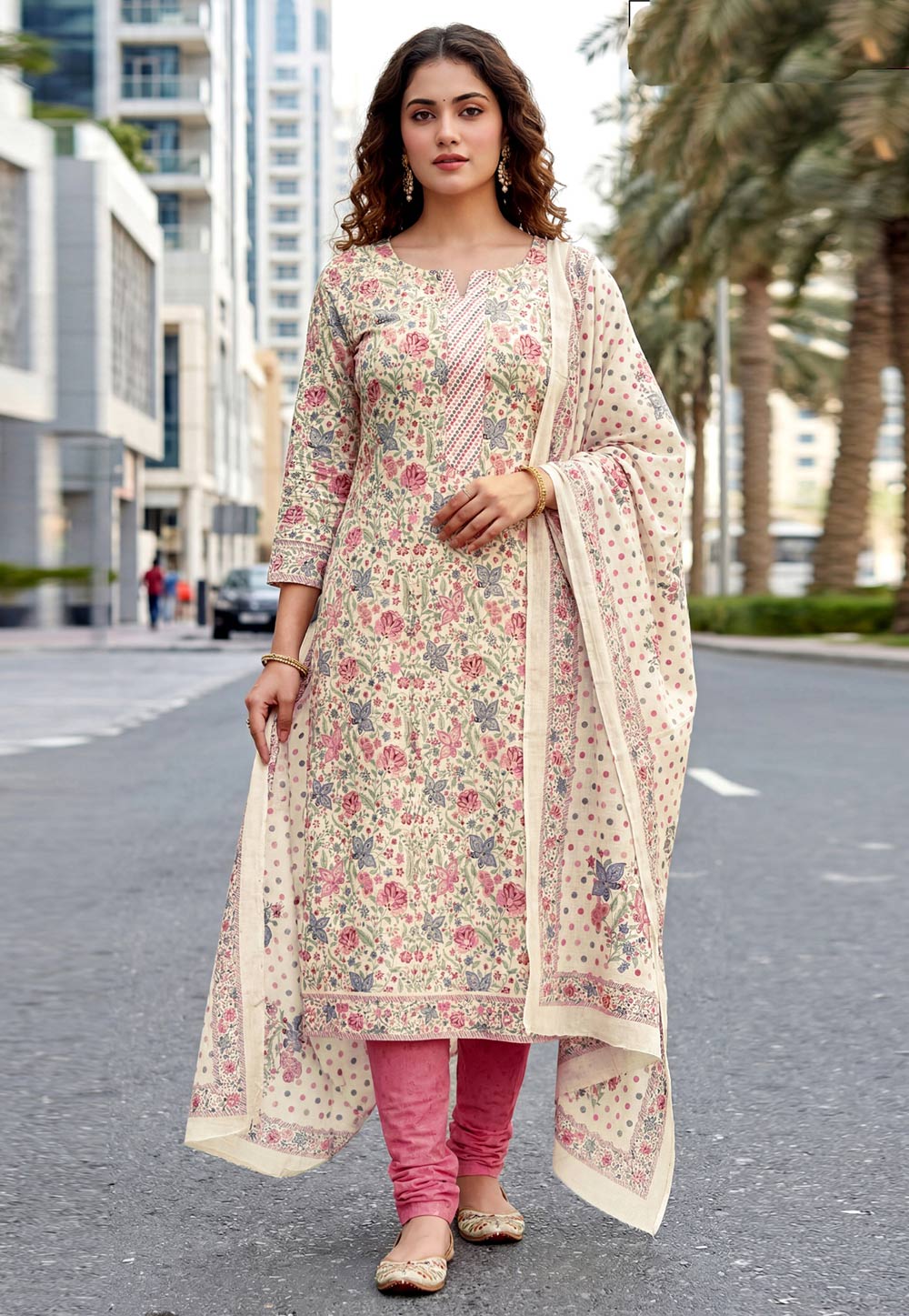 Cream Cambric Cotton Churidar Suit 328346