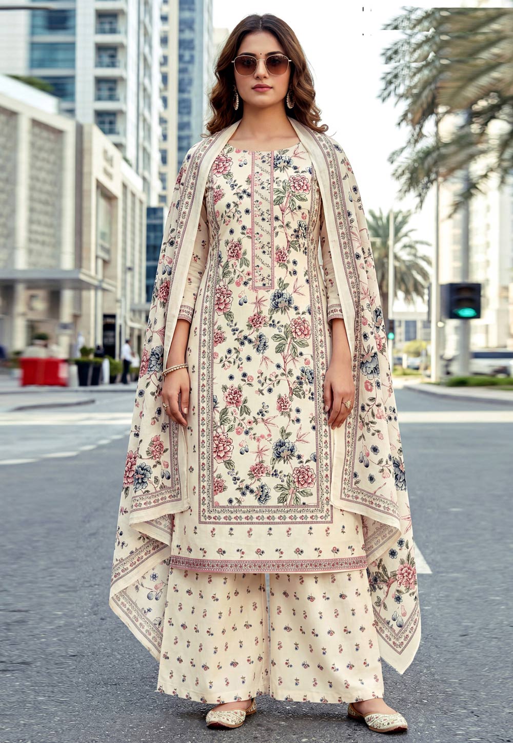 Cream Cambric Cotton Palazzo Suit 328347