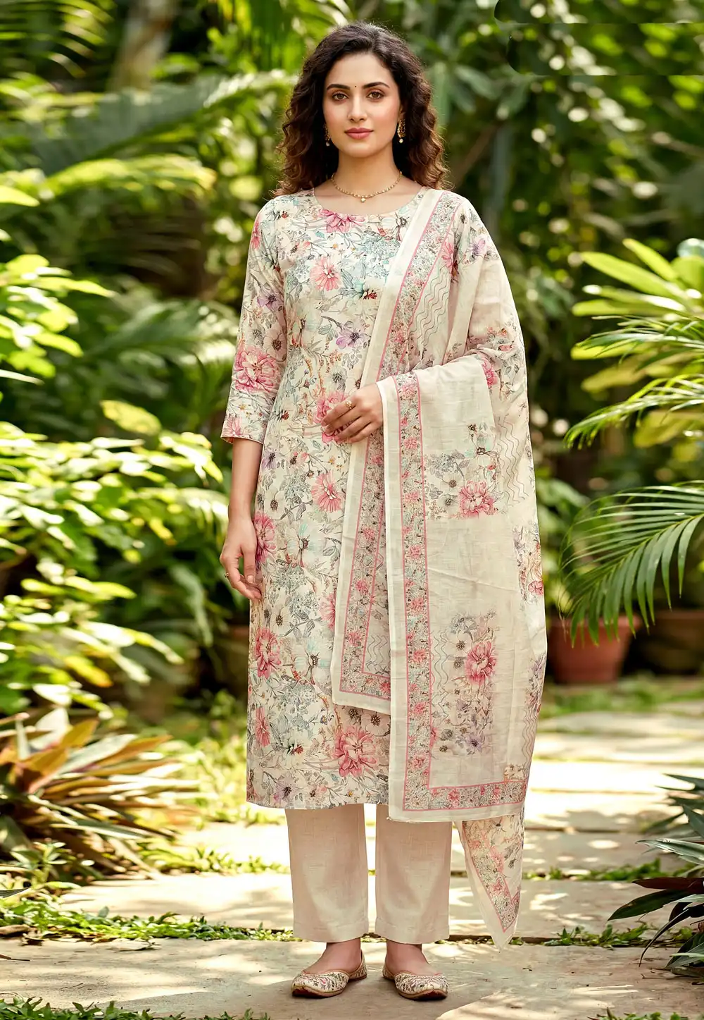 Cream Cambric Cotton Pant Style Suit 328322