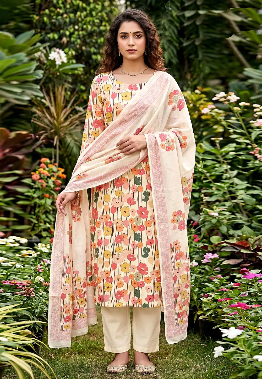 Cream Cambric Cotton Pant Style Suit 328344