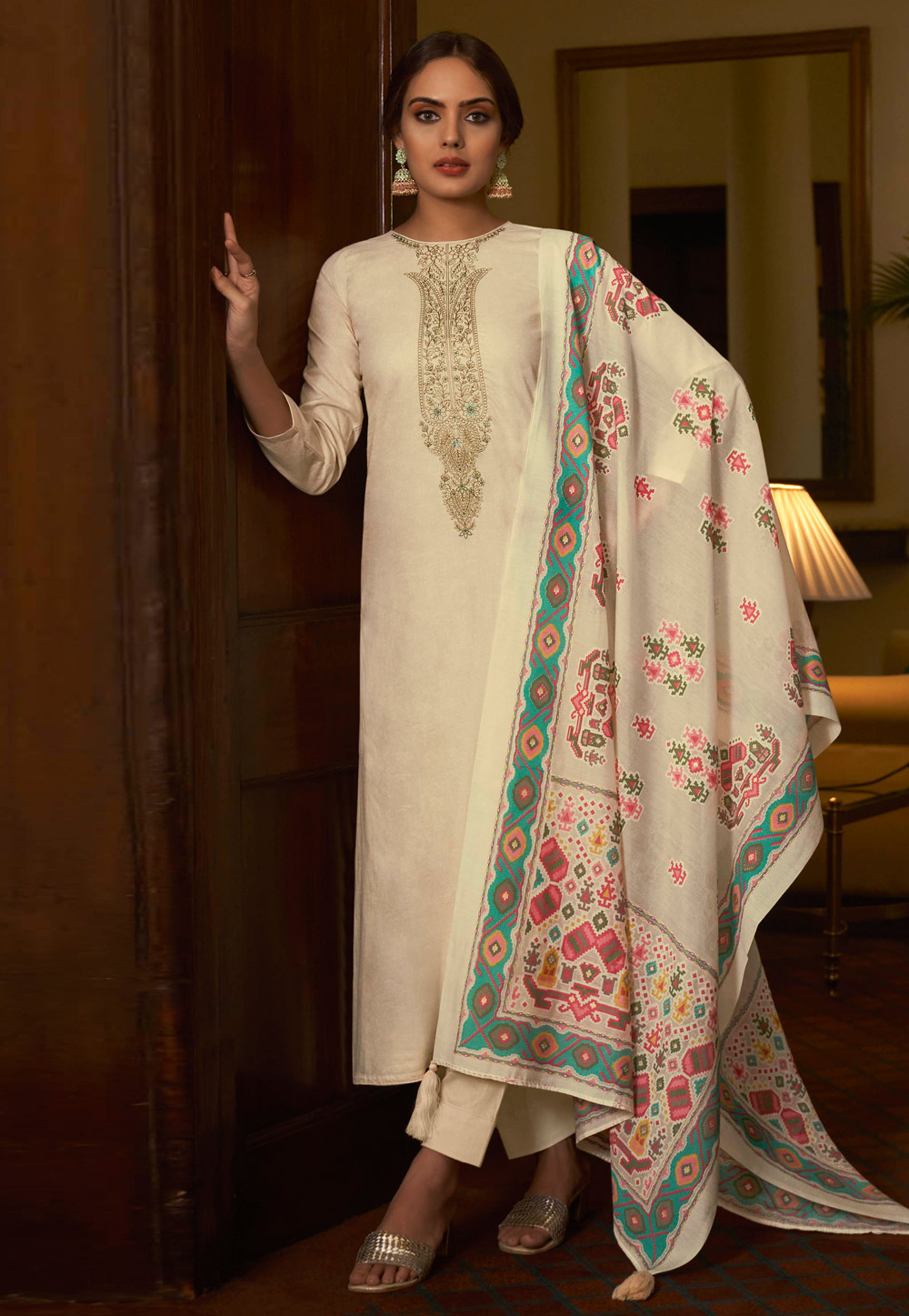 Cream Cambric Cotton Pant Style Suit 328875