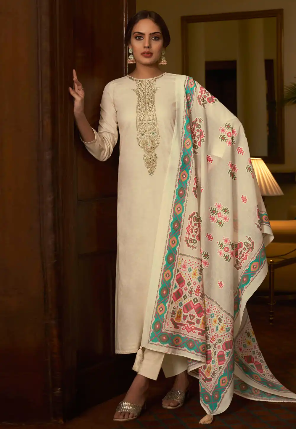 Cream Cambric Cotton Pant Style Suit 328875