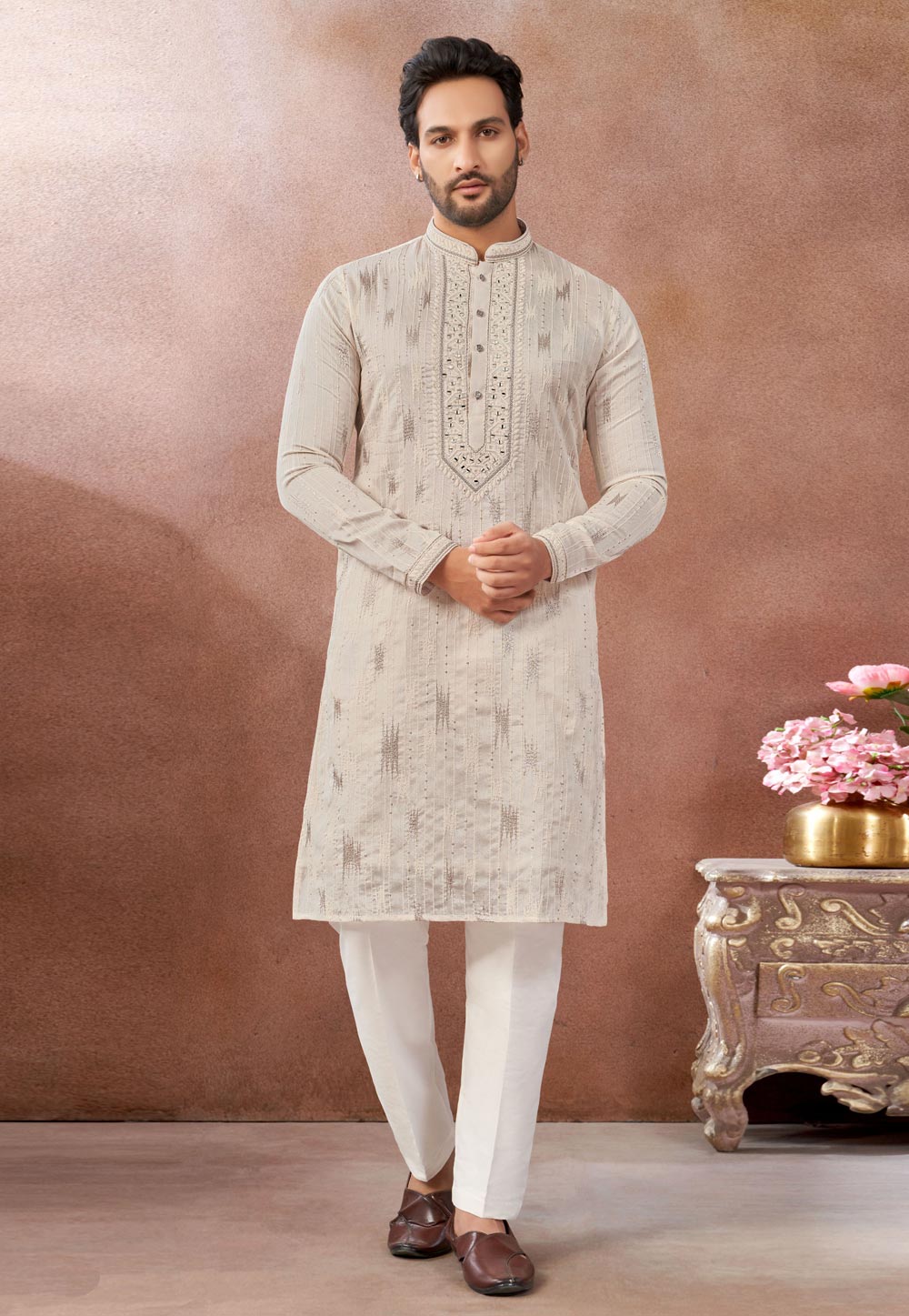 Cream Chanderi Kurta Pajama 322483