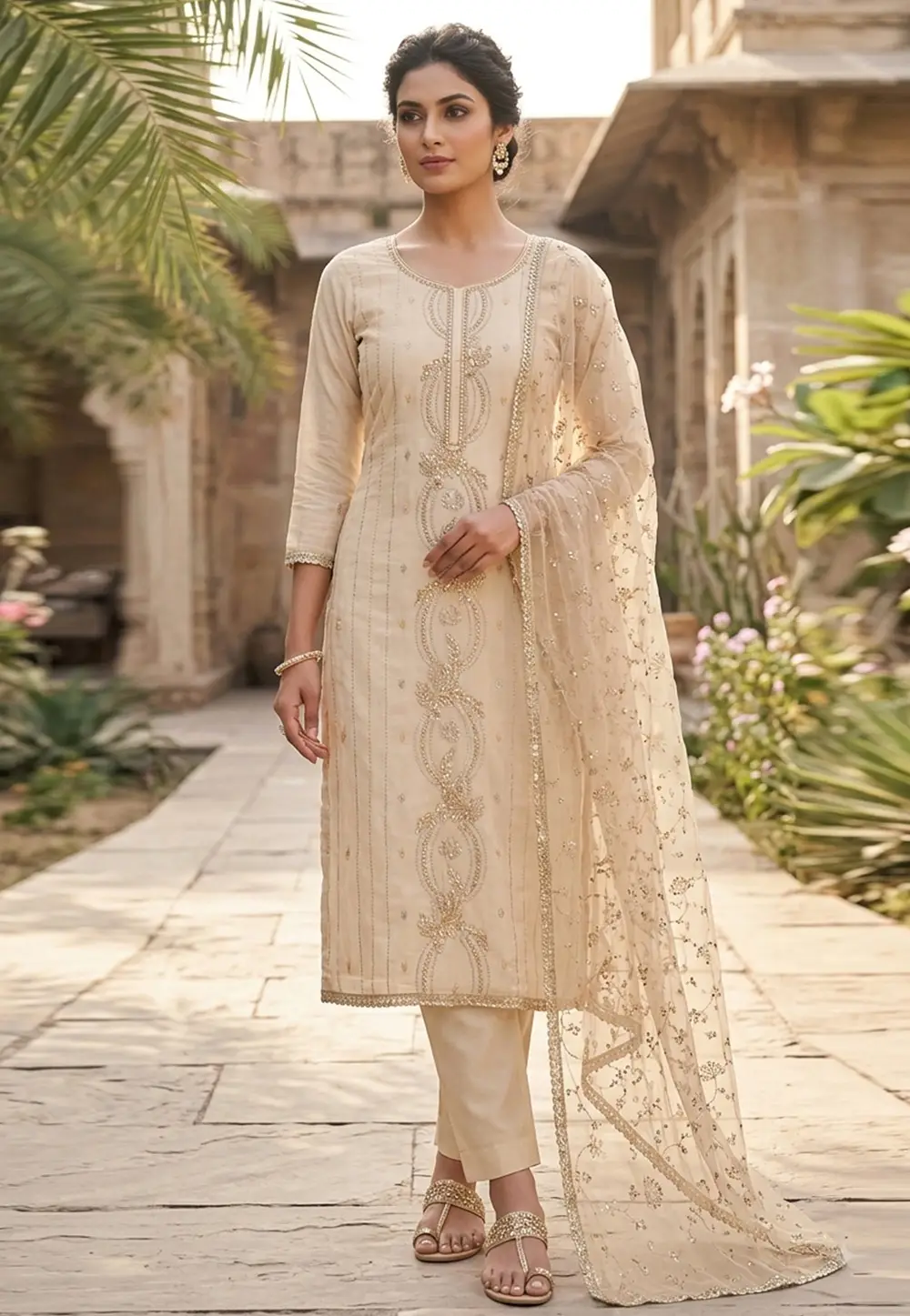 Cream Chanderi Pant Style Suit 335355