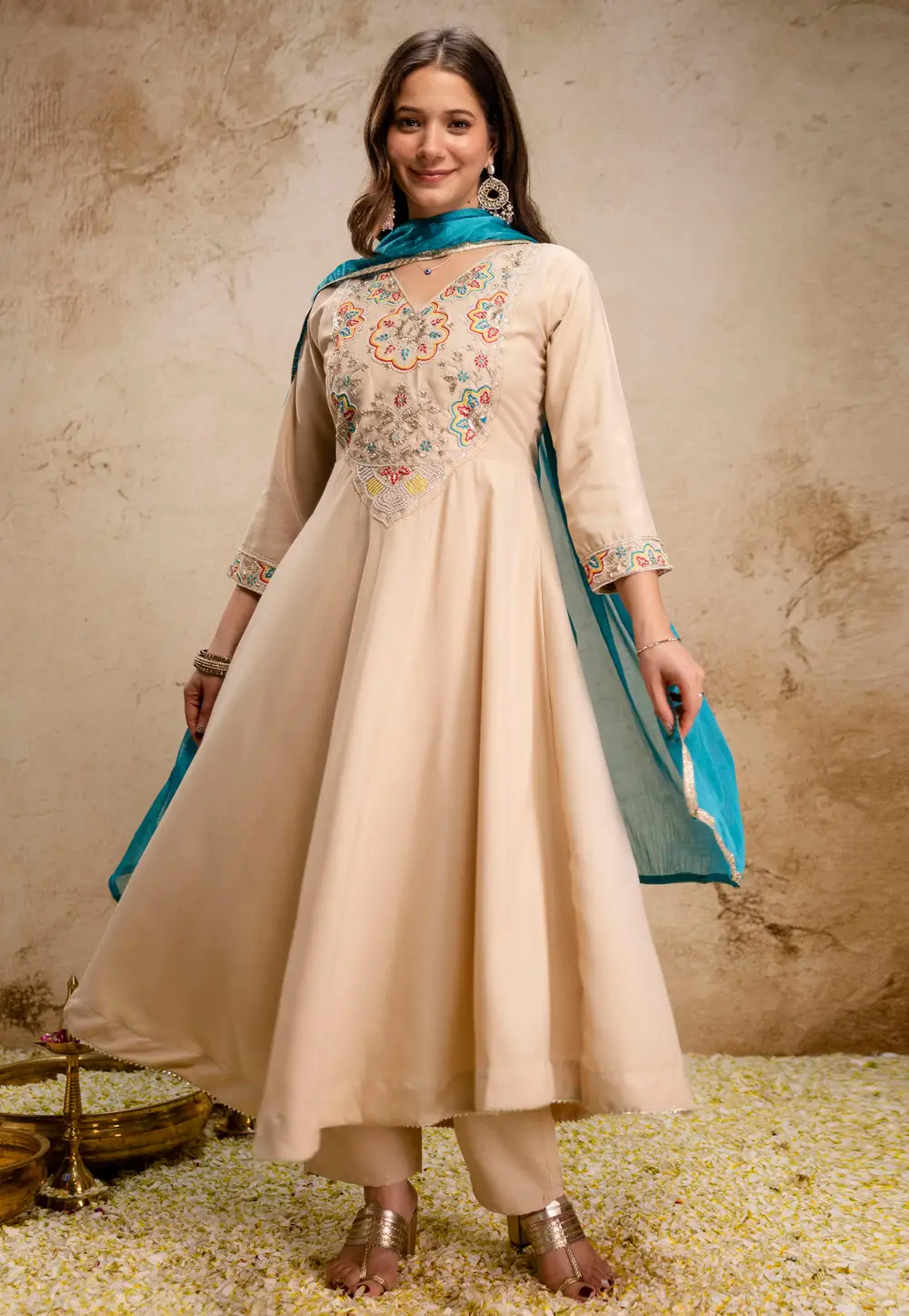 Cream Chanderi Readymade Anarkali Suit 332072