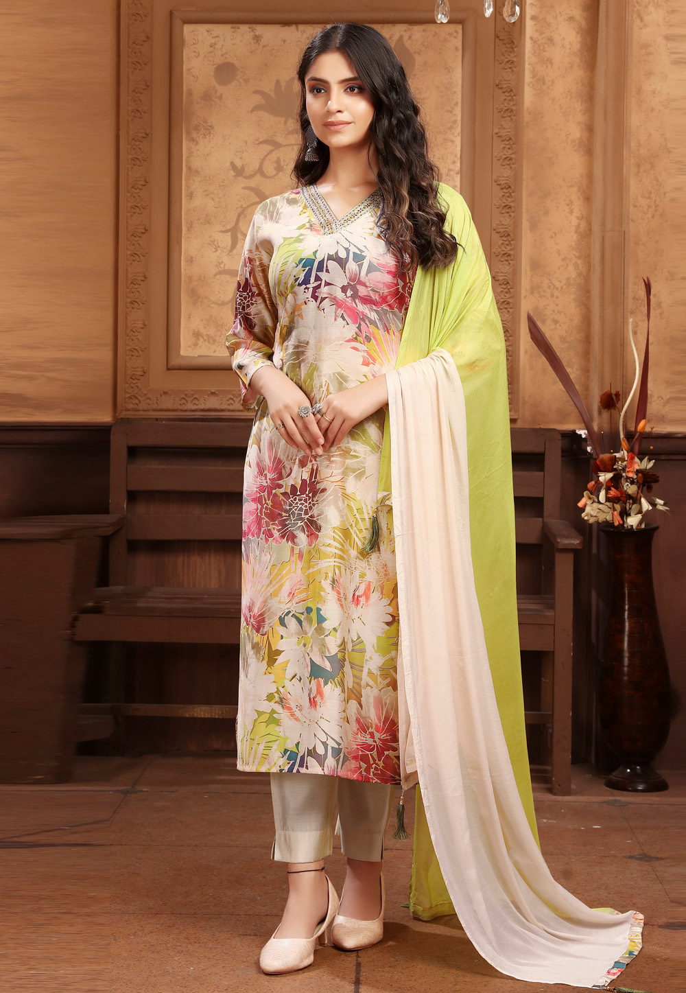 Cream Chanderi Readymade Pakistani Suit 327409