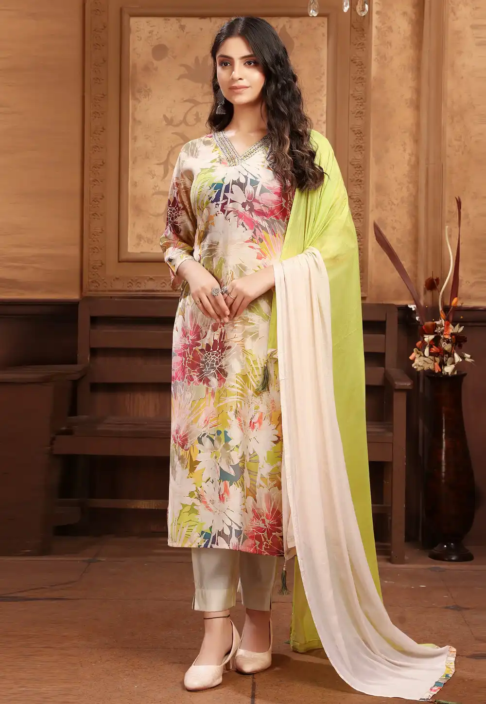 Cream Chanderi Readymade Pakistani Suit 327409
