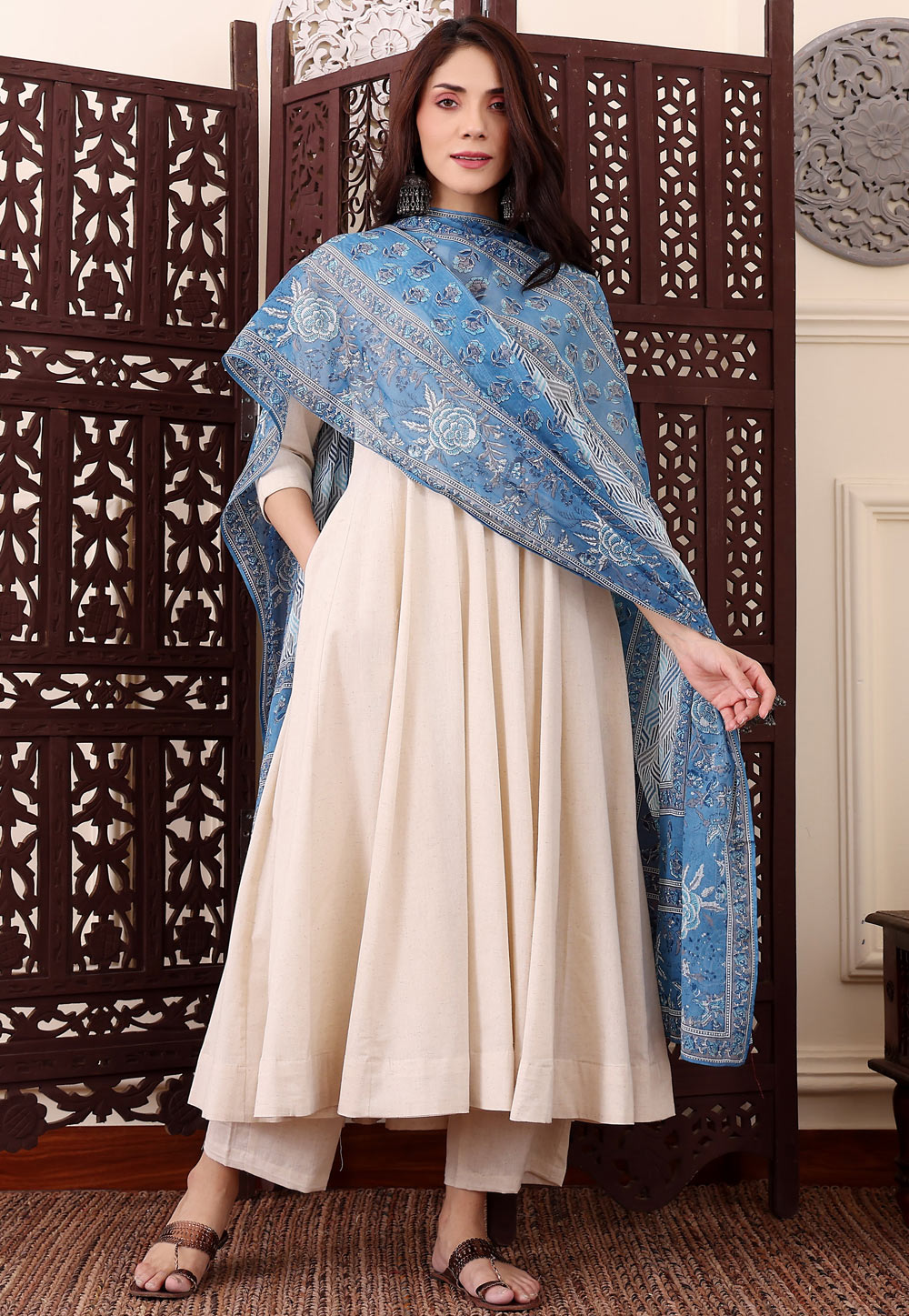 Cream Chanderi Silk Readymade Anarkali Suit 326187