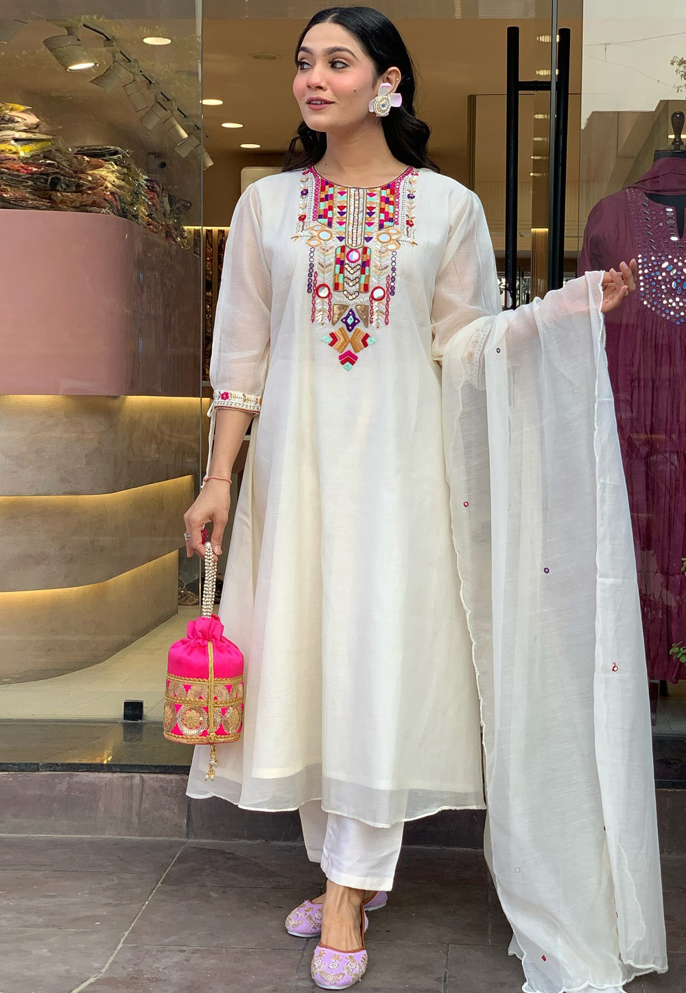 Cream Chanderi Silk Readymade Pakistani Suit 307036