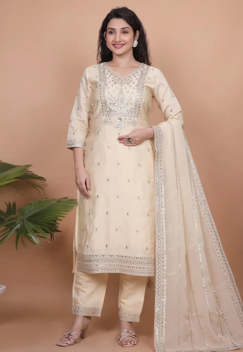 Cream Chanderi Silk Readymade Pant Style Suit 313616