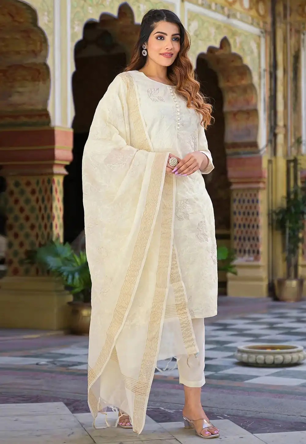 Cream Chanderi Silk Readymade Pant Style Suit 319089