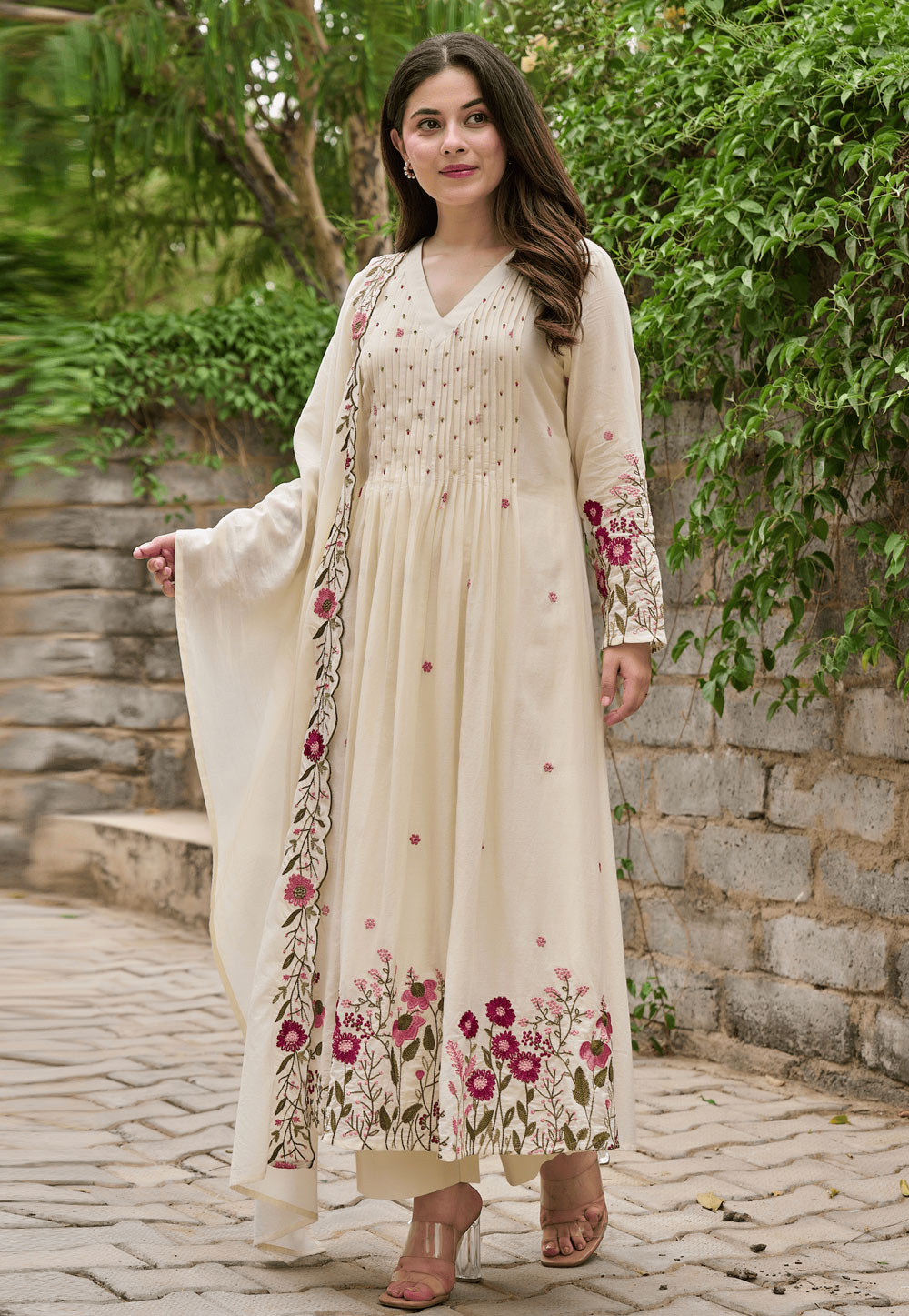 Cream Chanderi Silk Readymade Pant Style Suit 321397