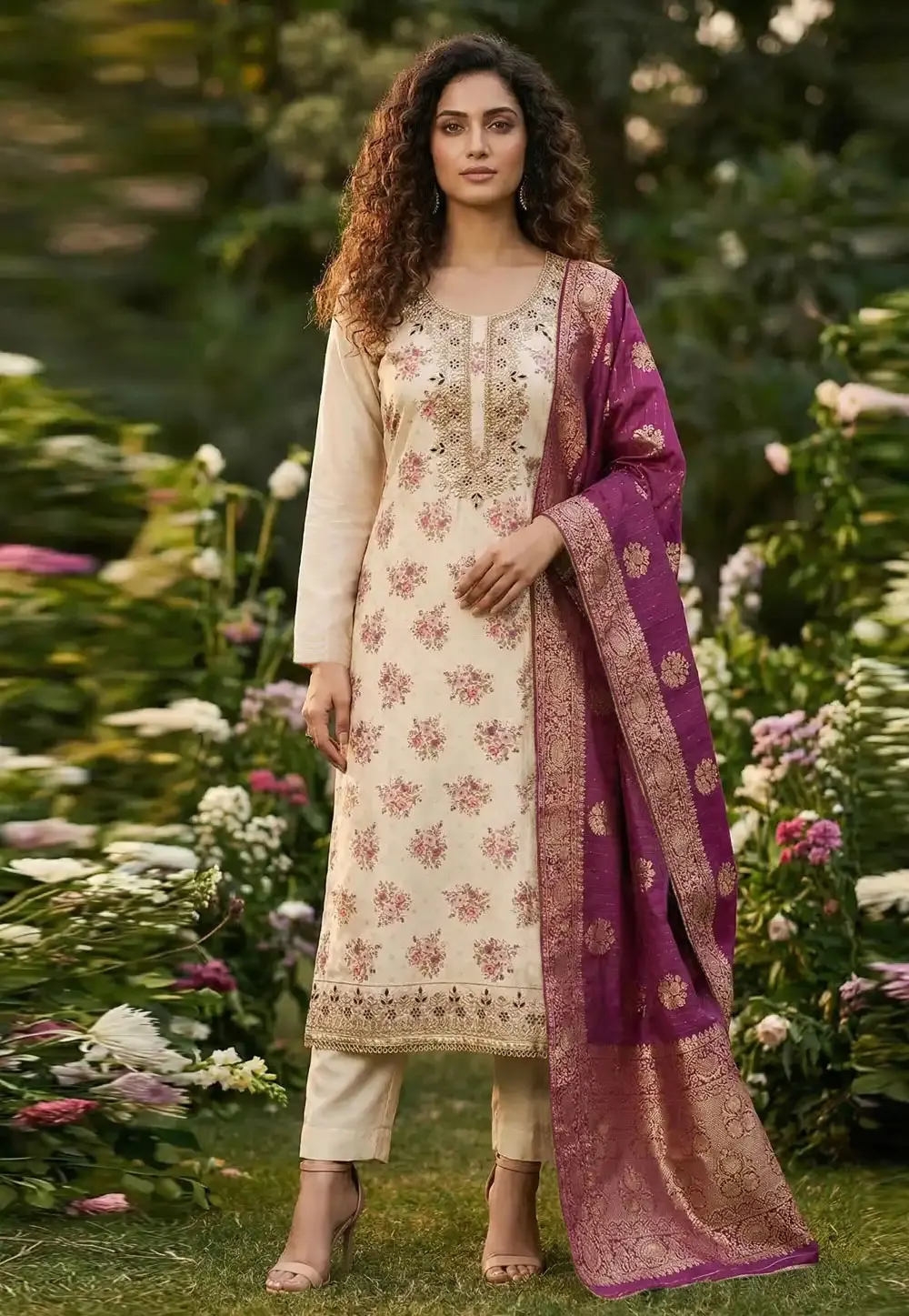 Cream Chanderi Straight Suit 326420