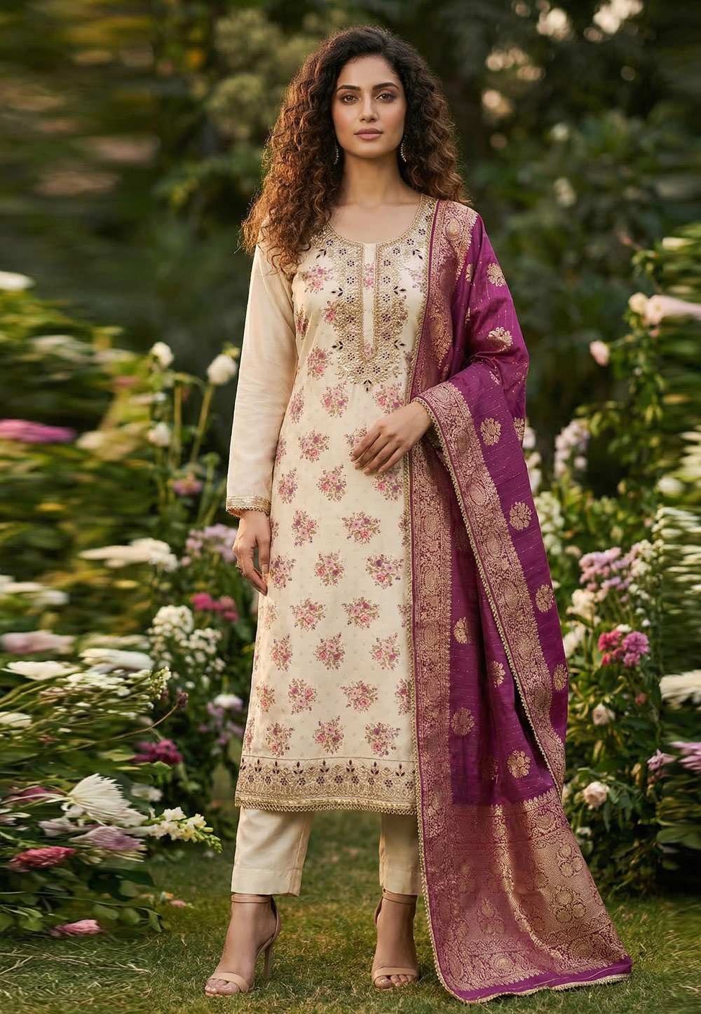Cream Chanderi Straight Suit 326420