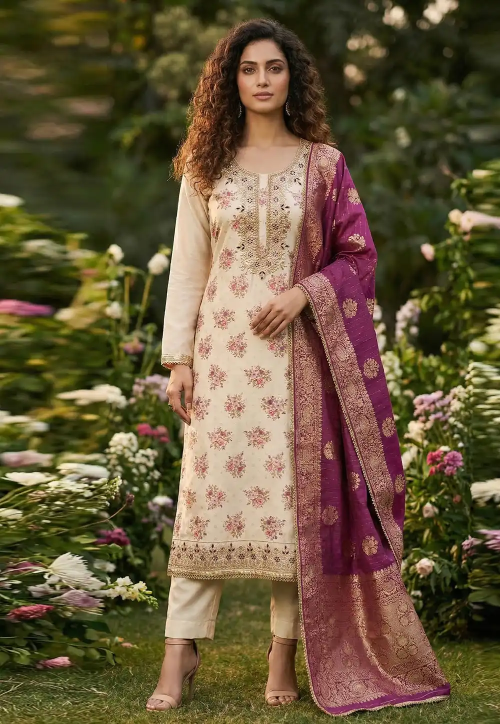Cream Chanderi Straight Suit 326420