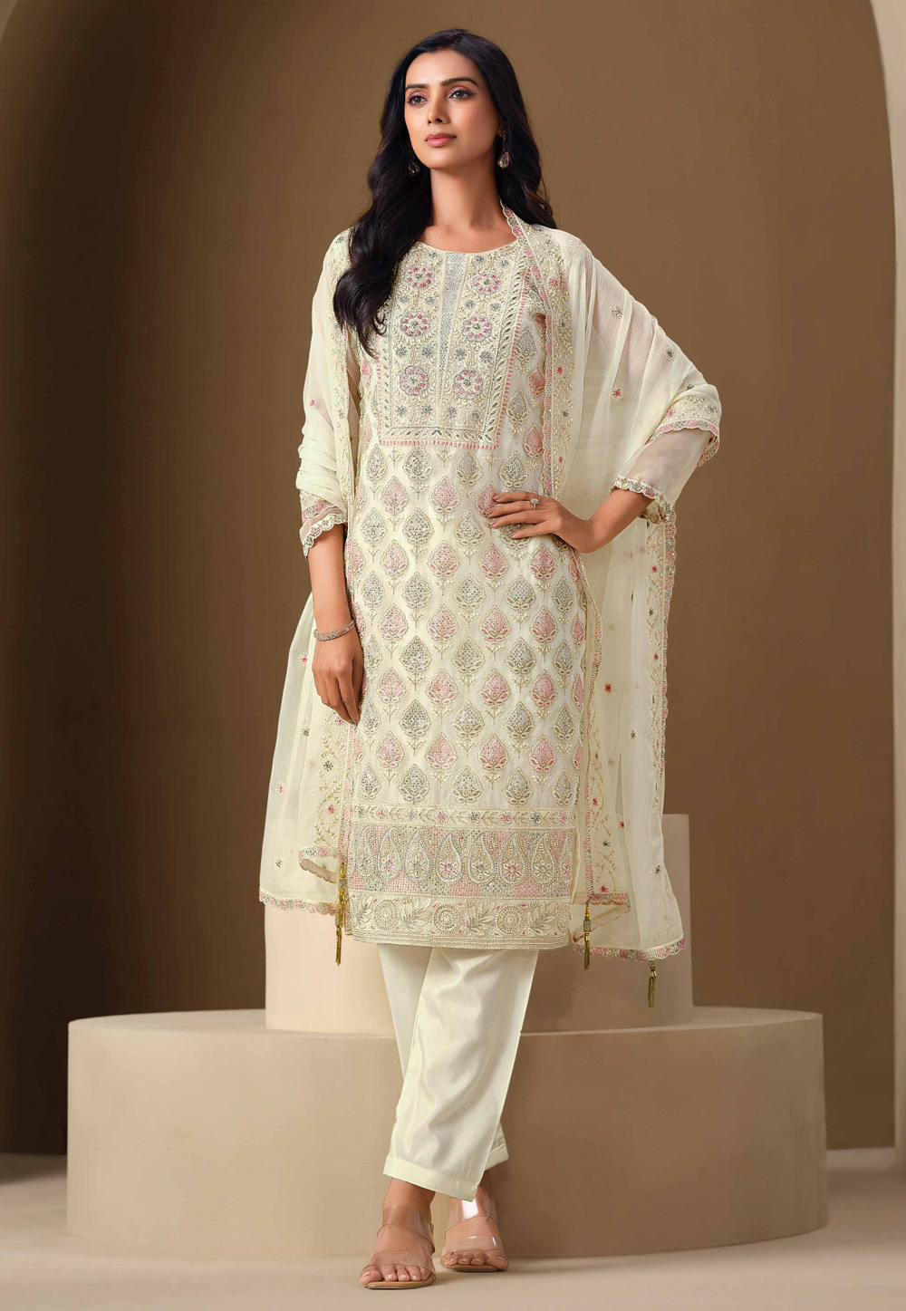 Cream Chiffon Embroidered Pant Style Suit 308933