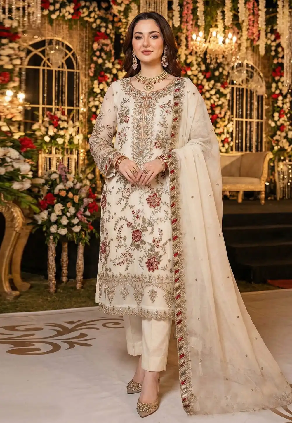Cream Chiffon Embroidered Straight Suit 326131