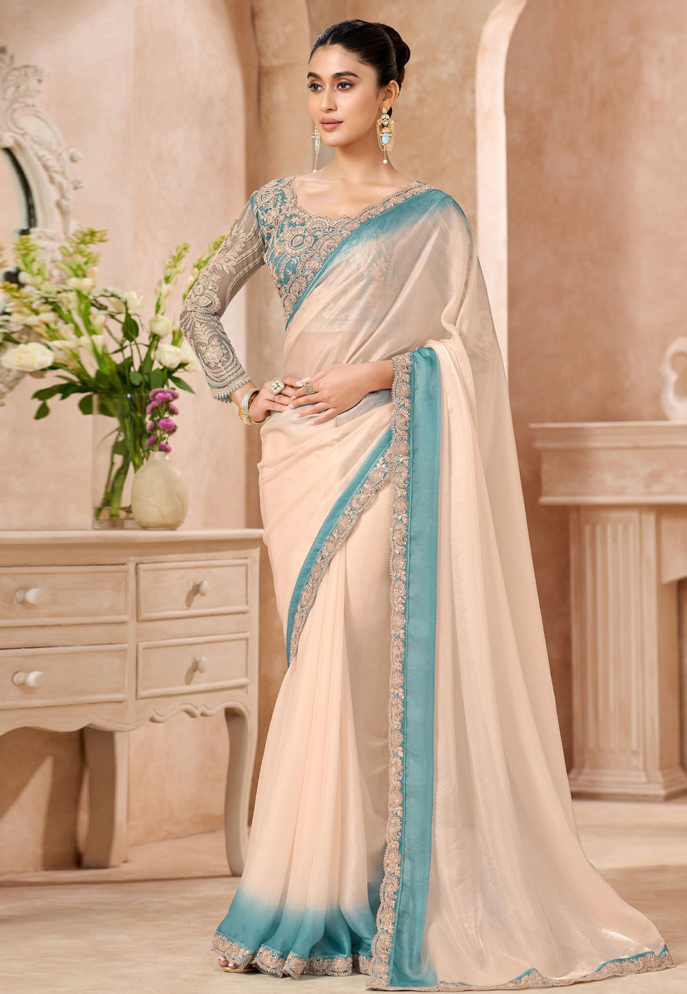 Cream Chiffon Half N Half Saree 323962
