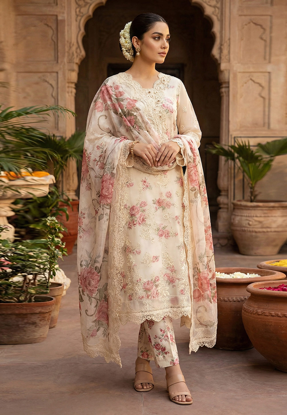 Cream Chiffon Pant Style Suit 326808