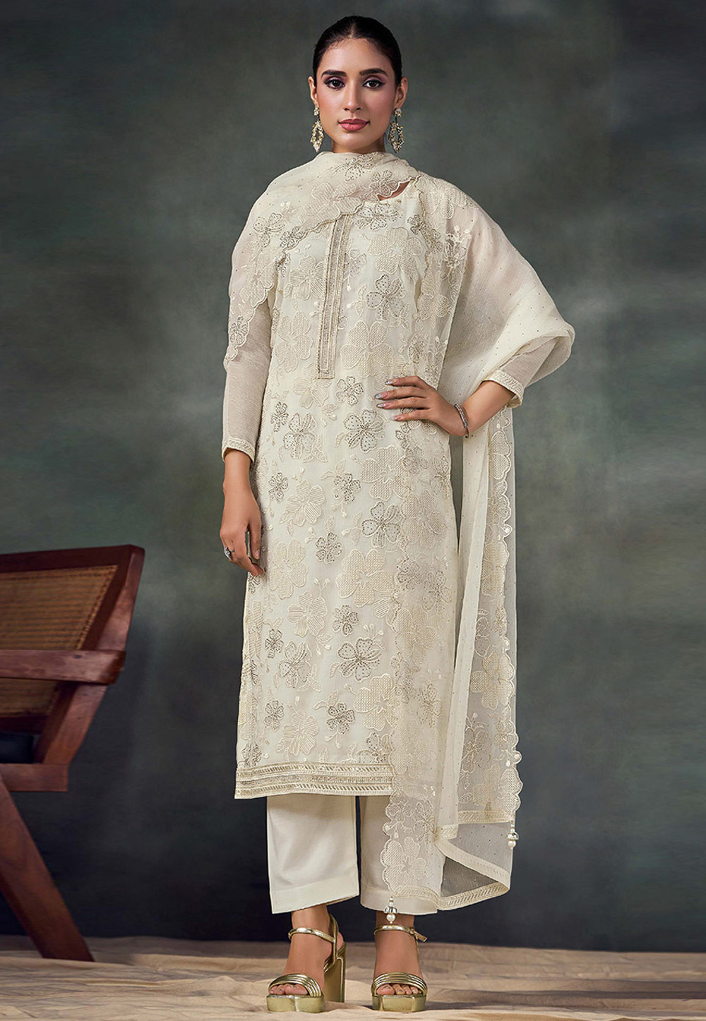 Cream Chiffon Pant Style Suit 324812