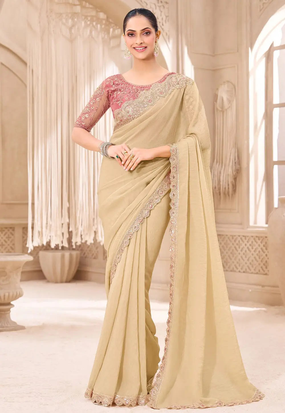 Cream Chiffon Saree With Blouse 336006