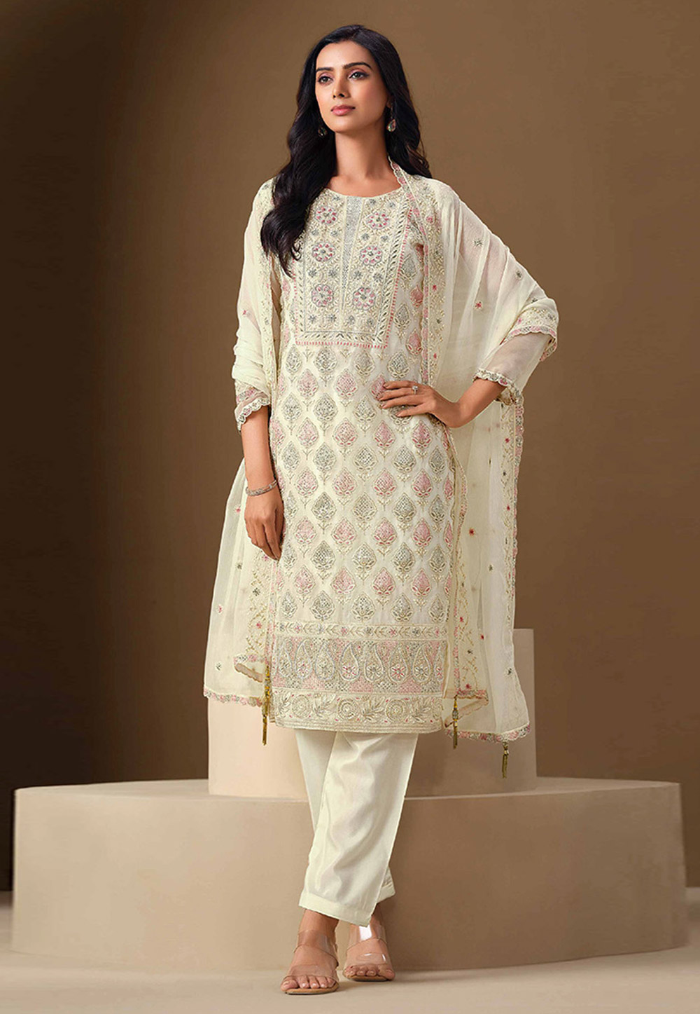 Cream Chiffon Straight Suit 324808