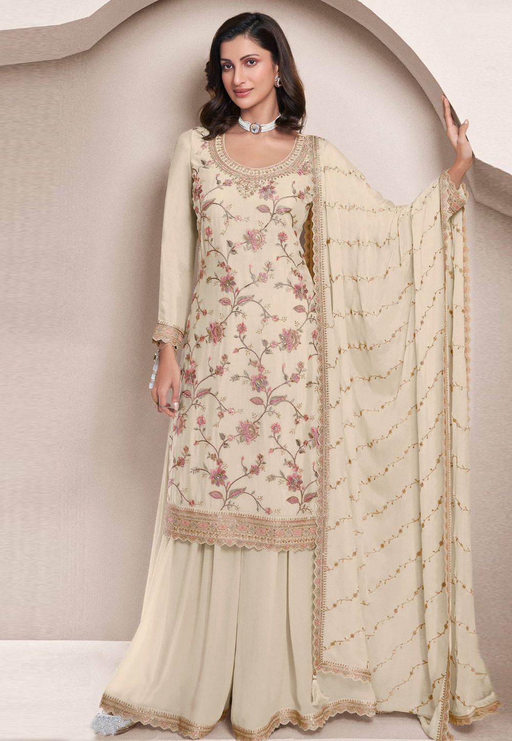 Cream Chinon Gharara Suit 308829